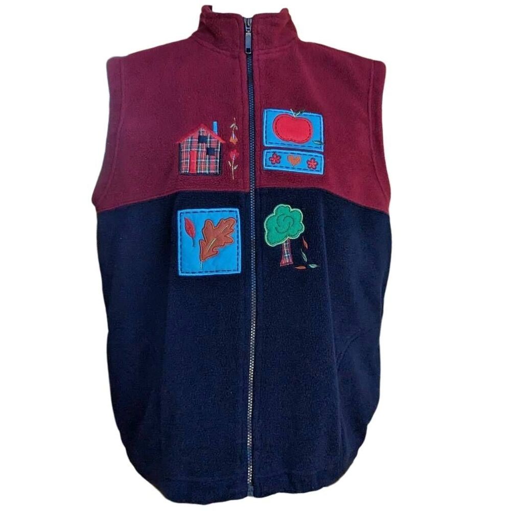 Vintage Fall Autumn Fleece Vest Navy Burgundy Colorblock Embroidered Size P/L